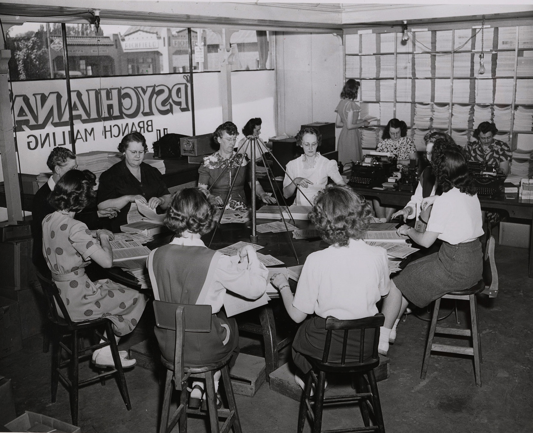 Photograph of revolving table used to sort and compile materials